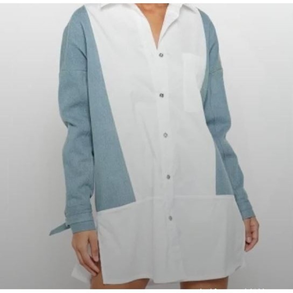 Maniere De Voir Women's Shirt Dress with Denim Panels Button Up - Size 6